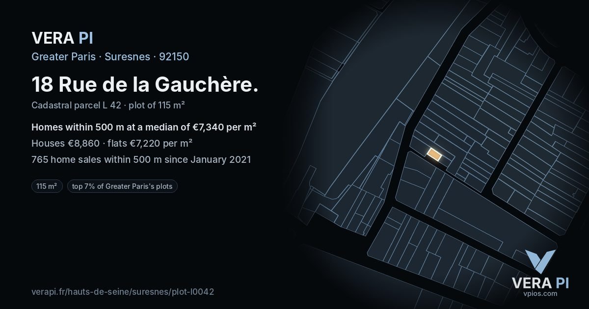 18 Rue de la Gauchère, Suresnes at night – the plot lit, the parcels around coloured by the prices near them