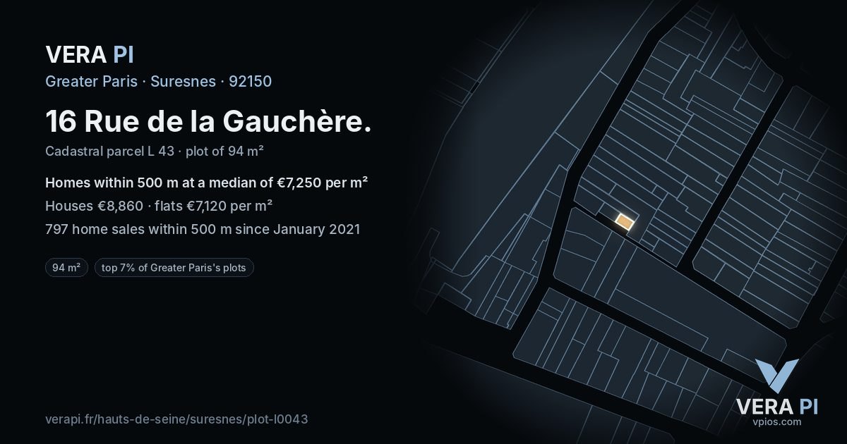 16 Rue de la Gauchère, Suresnes at night – the plot lit, the parcels around coloured by the prices near them