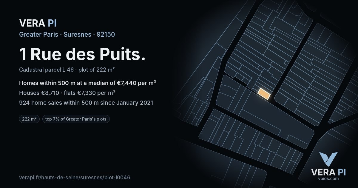 1 Rue des Puits, Suresnes at night – the plot lit, the parcels around coloured by the prices near them