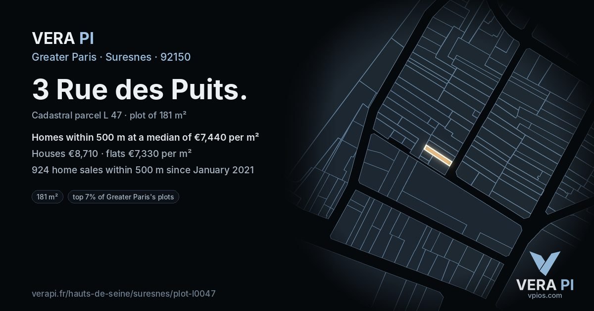 3 Rue des Puits, Suresnes at night – the plot lit, the parcels around coloured by the prices near them