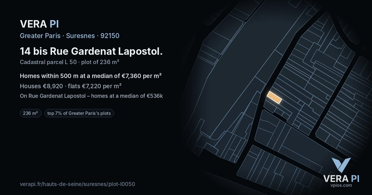 14 bis Rue Gardenat Lapostol, Suresnes at night – the plot lit, the parcels around coloured by the prices near them