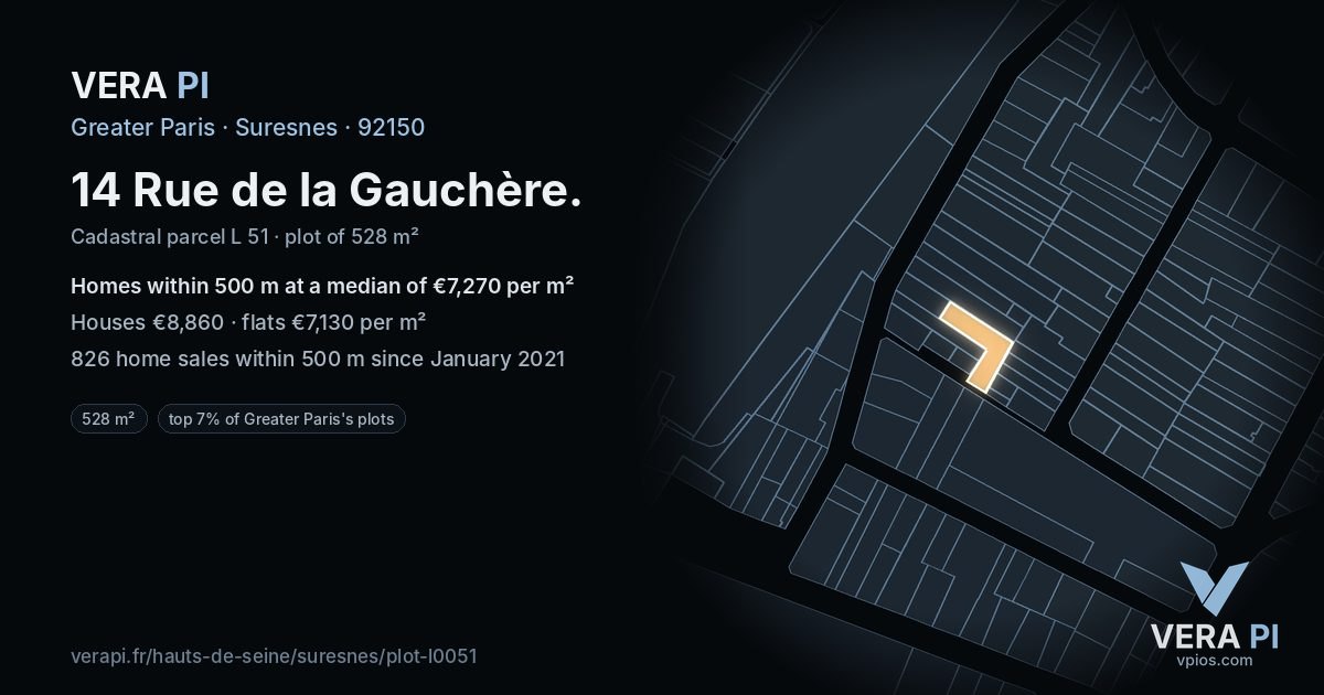 14 Rue de la Gauchère, Suresnes at night – the plot lit, the parcels around coloured by the prices near them
