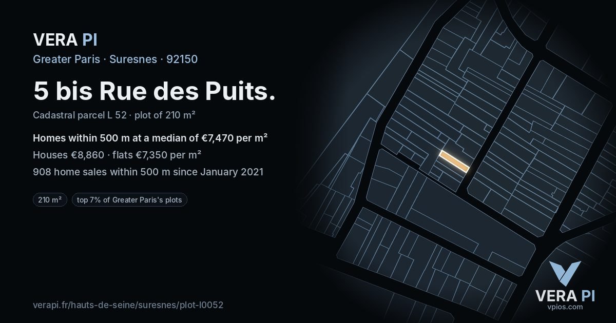5 bis Rue des Puits, Suresnes at night – the plot lit, the parcels around coloured by the prices near them