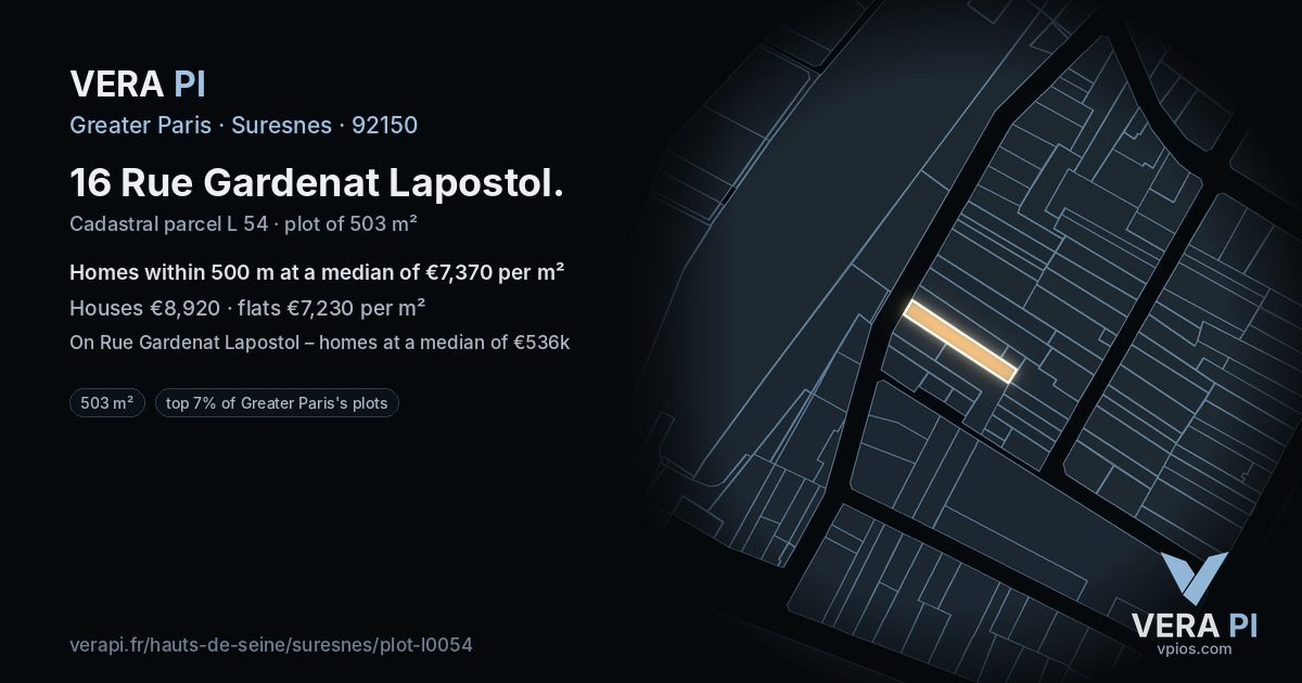 16 Rue Gardenat Lapostol, Suresnes at night – the plot lit, the parcels around coloured by the prices near them