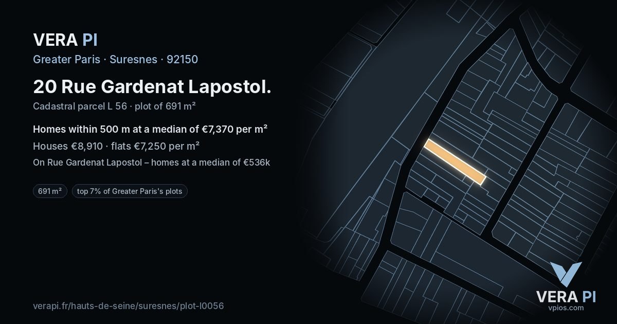 20 Rue Gardenat Lapostol, Suresnes at night – the plot lit, the parcels around coloured by the prices near them