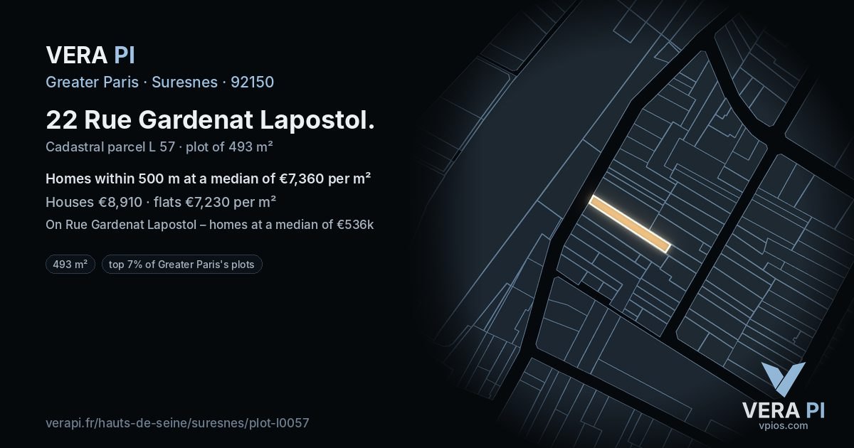 22 Rue Gardenat Lapostol, Suresnes at night – the plot lit, the parcels around coloured by the prices near them
