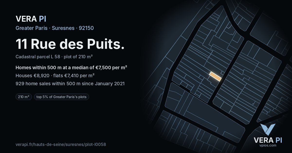 11 Rue des Puits, Suresnes at night – the plot lit, the parcels around coloured by the prices near them