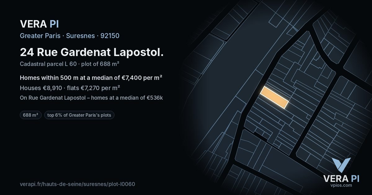 24 Rue Gardenat Lapostol, Suresnes at night – the plot lit, the parcels around coloured by the prices near them