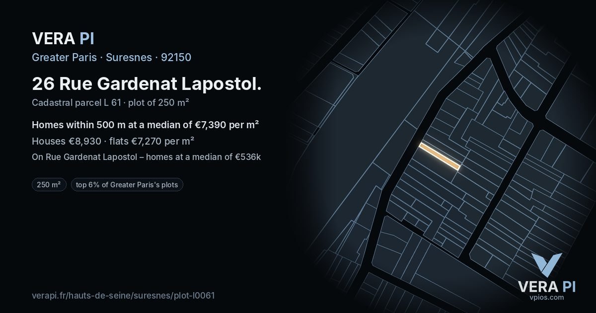 26 Rue Gardenat Lapostol, Suresnes at night – the plot lit, the parcels around coloured by the prices near them