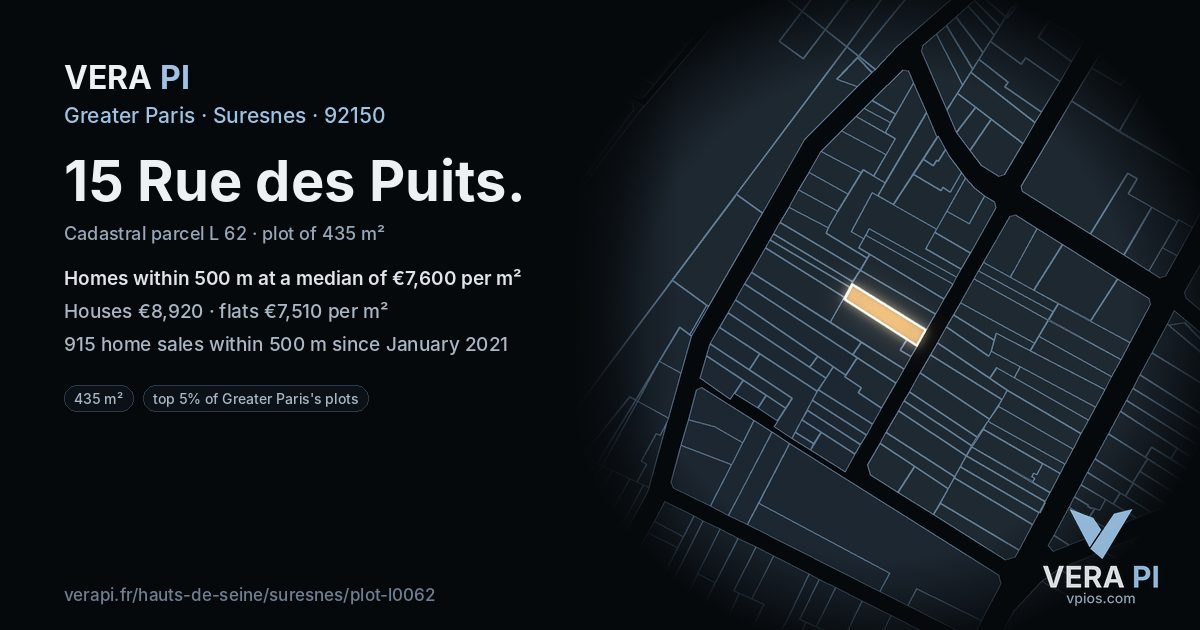 15 Rue des Puits, Suresnes at night – the plot lit, the parcels around coloured by the prices near them