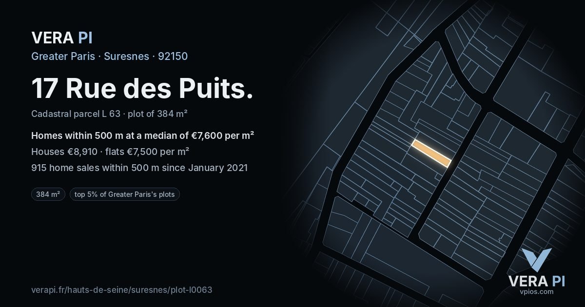17 Rue des Puits, Suresnes at night – the plot lit, the parcels around coloured by the prices near them