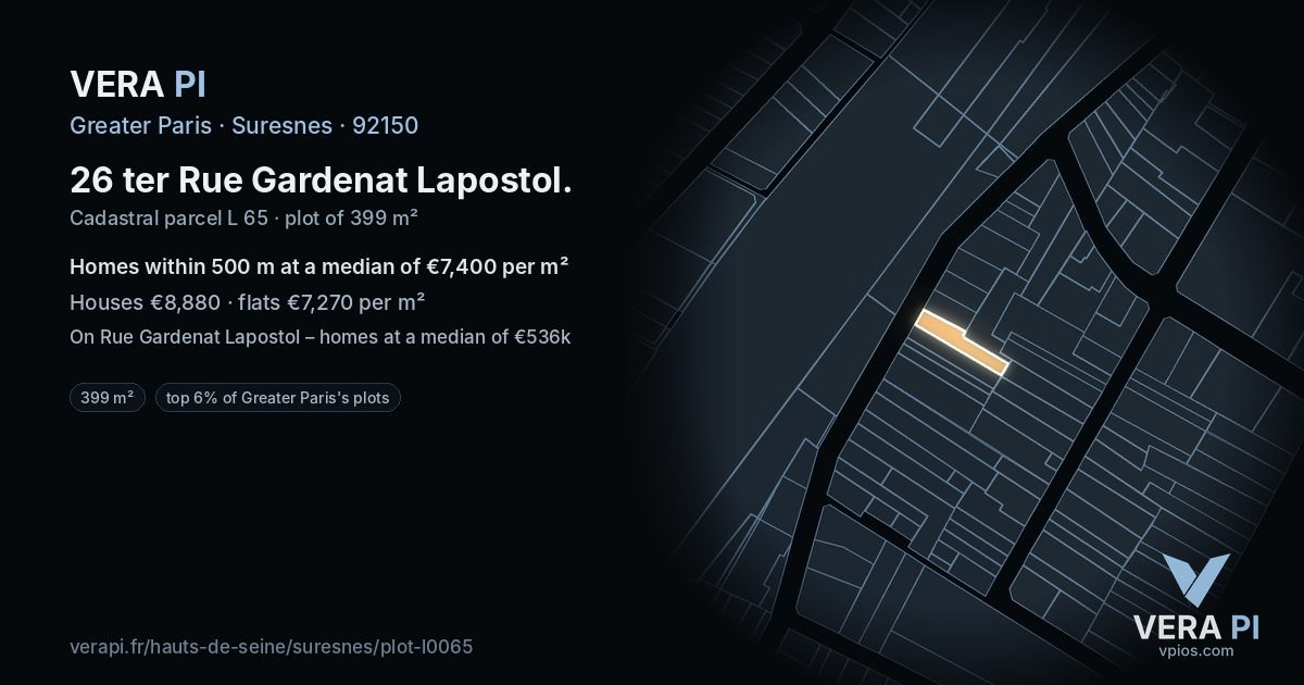26 ter Rue Gardenat Lapostol, Suresnes at night – the plot lit, the parcels around coloured by the prices near them