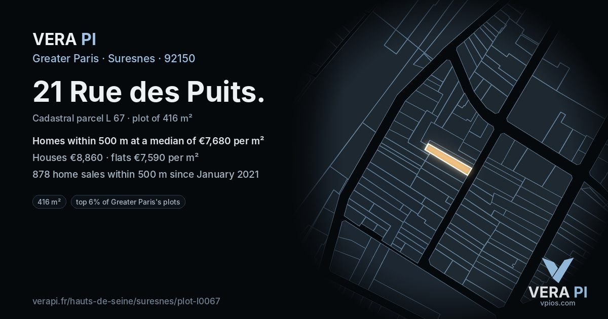 21 Rue des Puits, Suresnes at night – the plot lit, the parcels around coloured by the prices near them