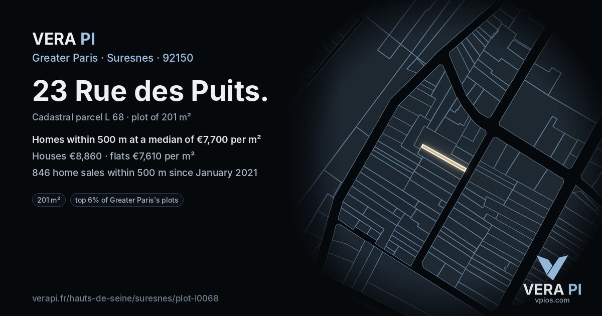 23 Rue des Puits, Suresnes at night – the plot lit, the parcels around coloured by the prices near them