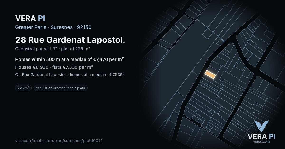 28 Rue Gardenat Lapostol, Suresnes at night – the plot lit, the parcels around coloured by the prices near them