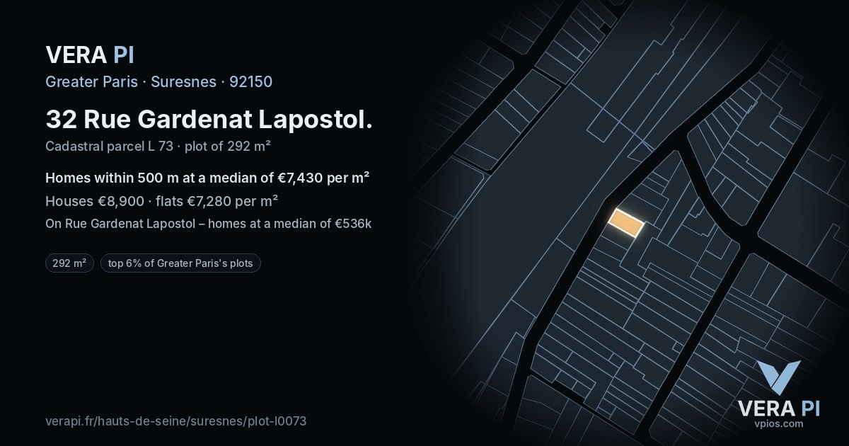 32 Rue Gardenat Lapostol, Suresnes at night – the plot lit, the parcels around coloured by the prices near them
