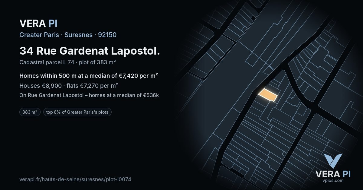 34 Rue Gardenat Lapostol, Suresnes at night – the plot lit, the parcels around coloured by the prices near them