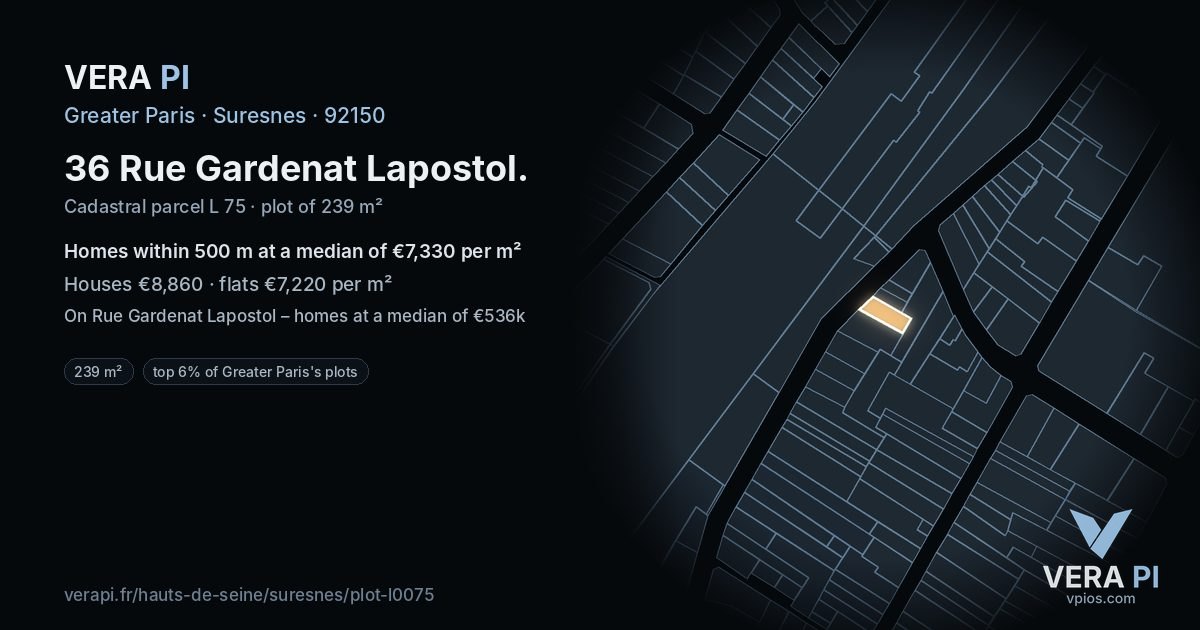 36 Rue Gardenat Lapostol, Suresnes at night – the plot lit, the parcels around coloured by the prices near them