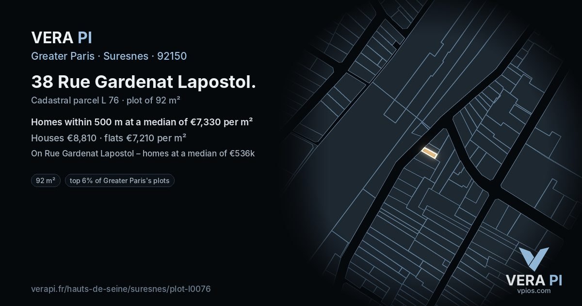 38 Rue Gardenat Lapostol, Suresnes at night – the plot lit, the parcels around coloured by the prices near them