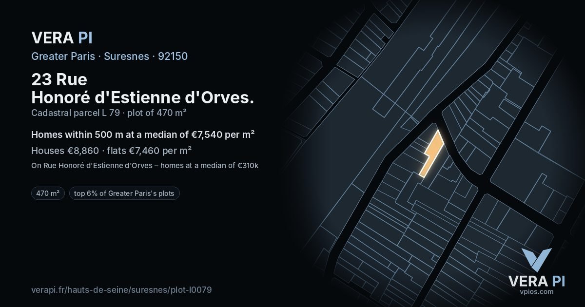 23 Rue Honoré d'Estienne d'Orves, Suresnes at night – the plot lit, the parcels around coloured by the prices near them