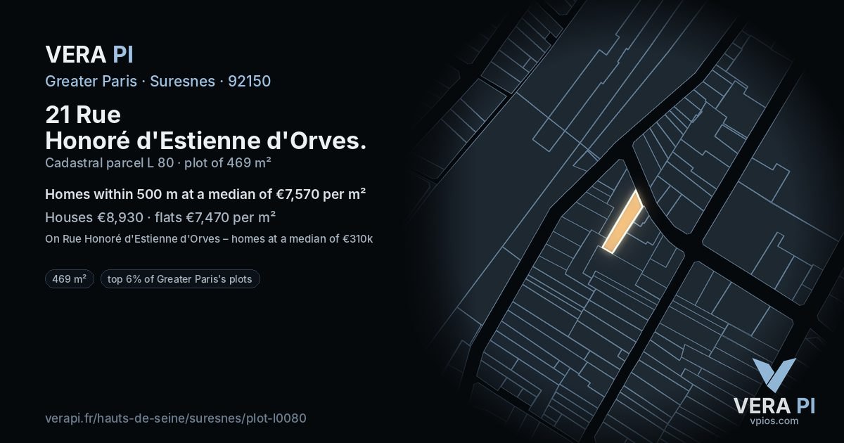 21 Rue Honoré d'Estienne d'Orves, Suresnes at night – the plot lit, the parcels around coloured by the prices near them