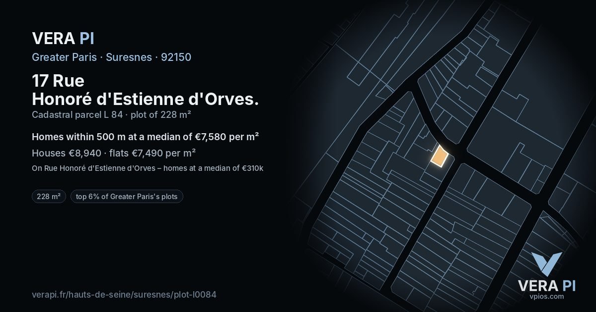 17 Rue Honoré d'Estienne d'Orves, Suresnes at night – the plot lit, the parcels around coloured by the prices near them