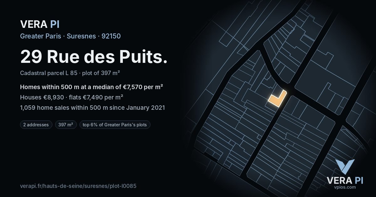 29 Rue des Puits, Suresnes at night – the plot lit, the parcels around coloured by the prices near them