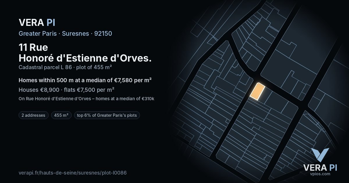 11 Rue Honoré d'Estienne d'Orves, Suresnes at night – the plot lit, the parcels around coloured by the prices near them