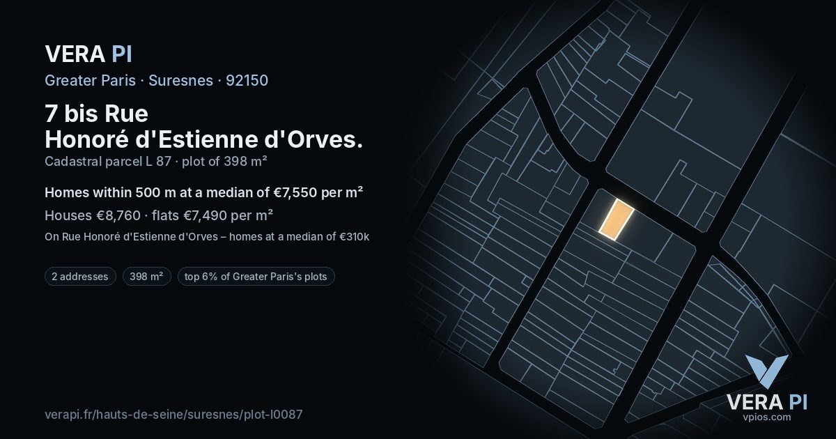7 bis Rue Honoré d'Estienne d'Orves, Suresnes at night – the plot lit, the parcels around coloured by the prices near them