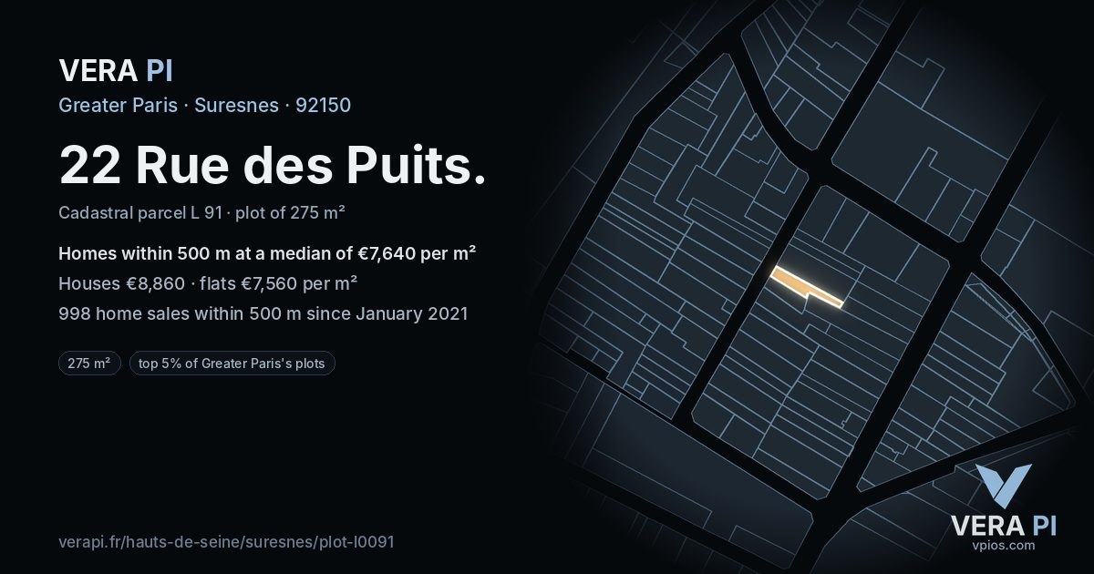 22 Rue des Puits, Suresnes at night – the plot lit, the parcels around coloured by the prices near them