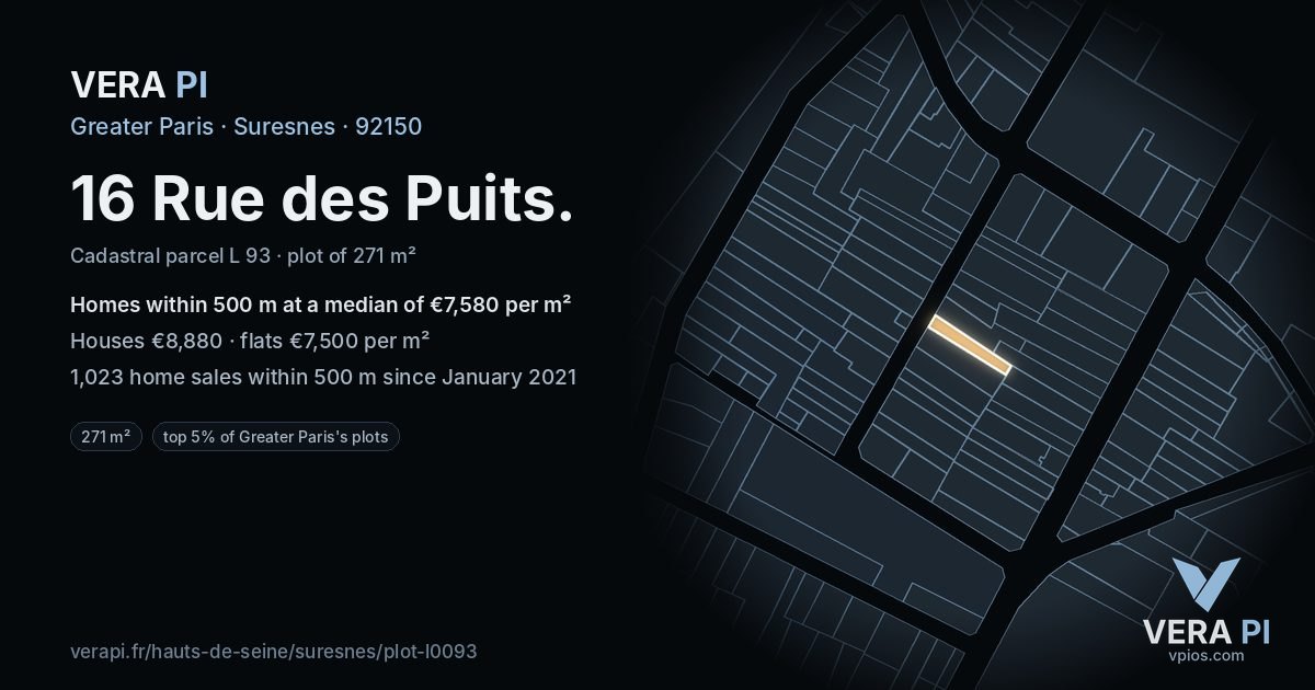 16 Rue des Puits, Suresnes at night – the plot lit, the parcels around coloured by the prices near them