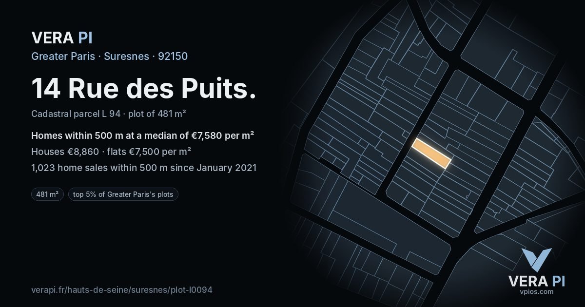 14 Rue des Puits, Suresnes at night – the plot lit, the parcels around coloured by the prices near them