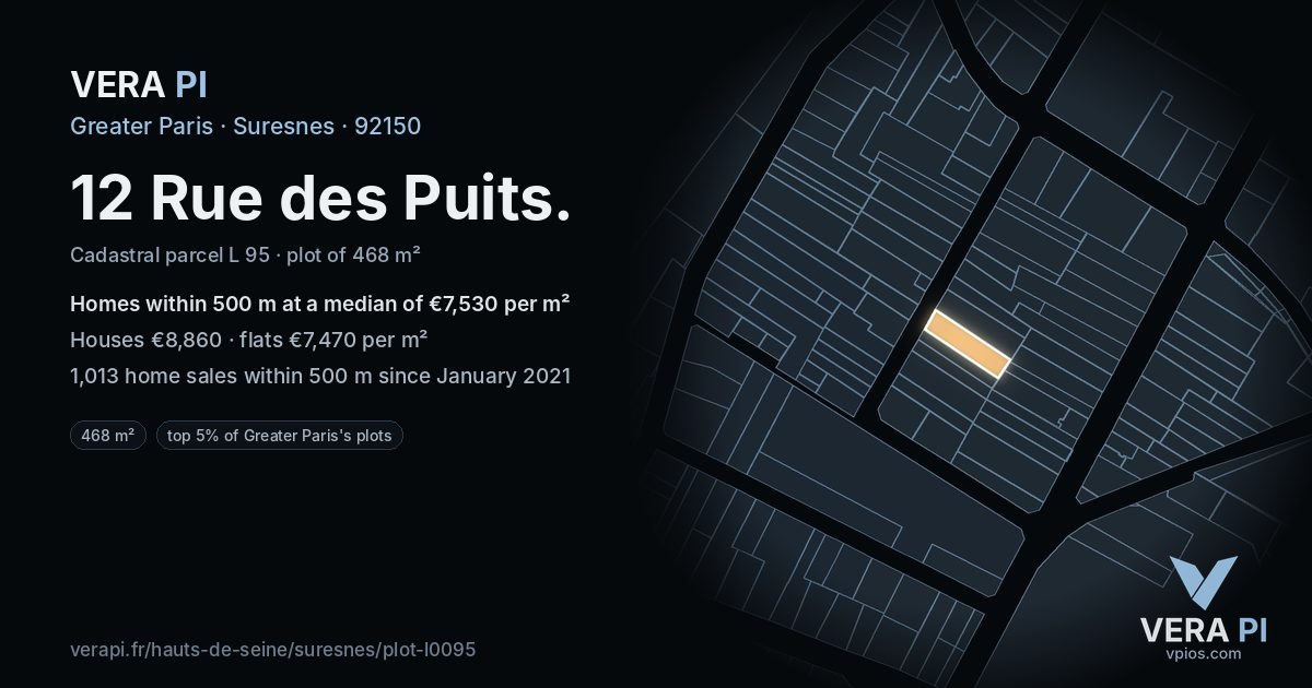 12 Rue des Puits, Suresnes at night – the plot lit, the parcels around coloured by the prices near them