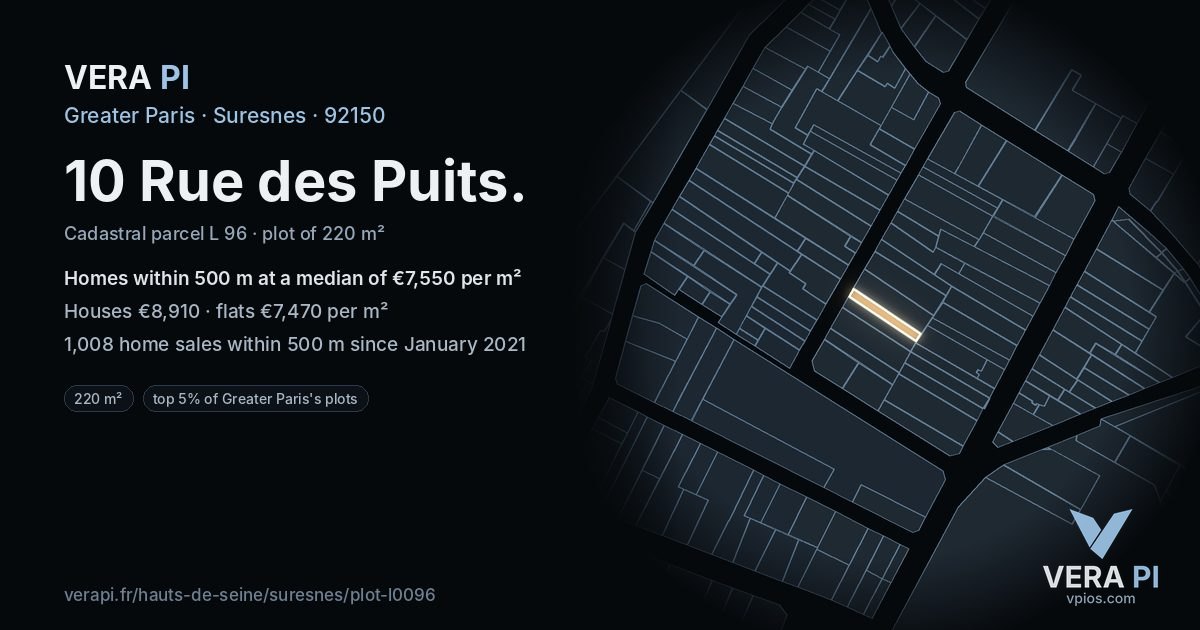 10 Rue des Puits, Suresnes at night – the plot lit, the parcels around coloured by the prices near them