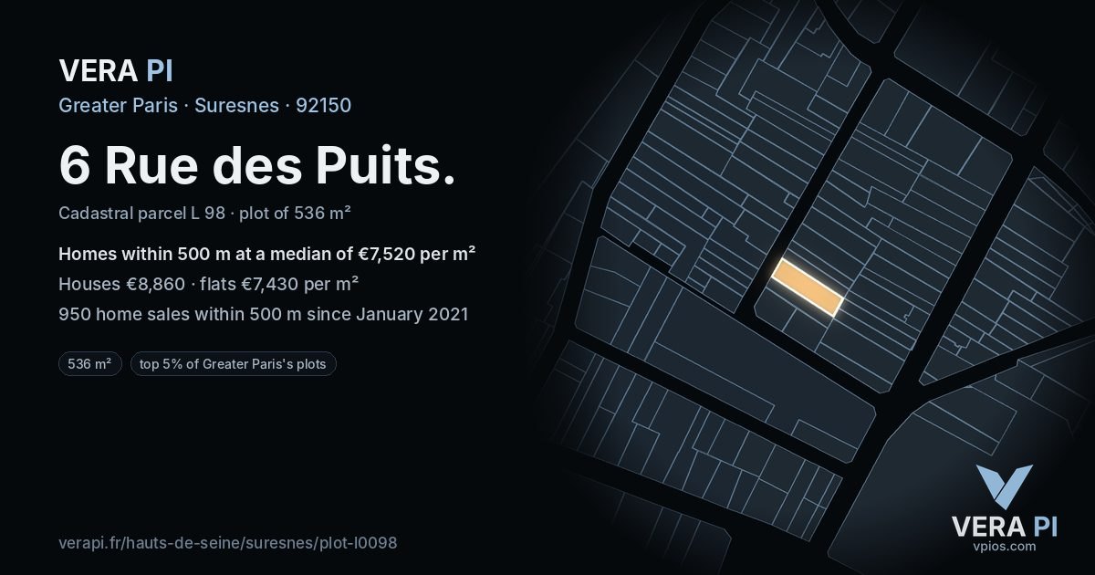 6 Rue des Puits, Suresnes at night – the plot lit, the parcels around coloured by the prices near them