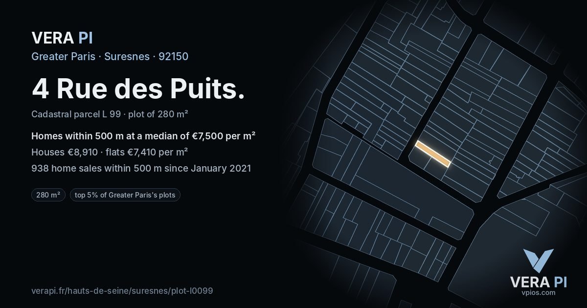 4 Rue des Puits, Suresnes at night – the plot lit, the parcels around coloured by the prices near them