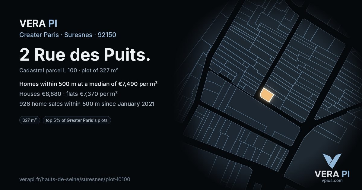 2 Rue des Puits, Suresnes at night – the plot lit, the parcels around coloured by the prices near them