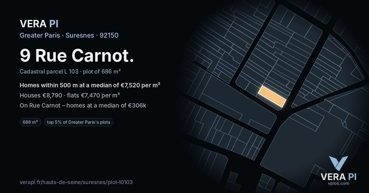 9 Rue Carnot, Suresnes at night – the plot lit, the parcels around coloured by the prices near them