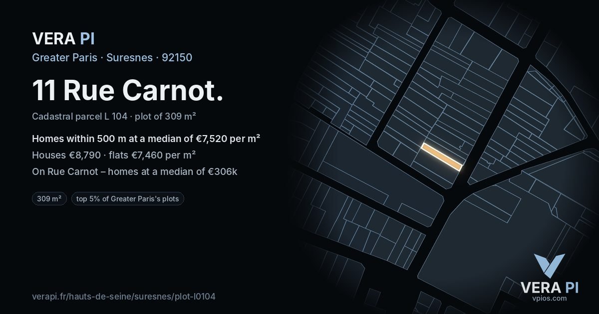 11 Rue Carnot, Suresnes at night – the plot lit, the parcels around coloured by the prices near them