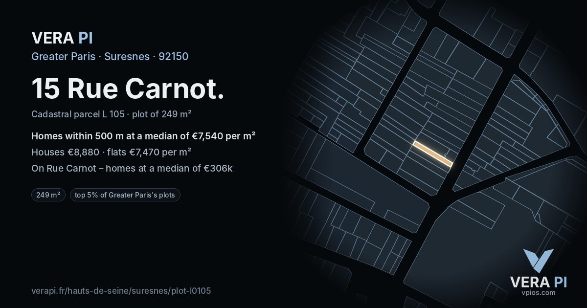 15 Rue Carnot, Suresnes at night – the plot lit, the parcels around coloured by the prices near them