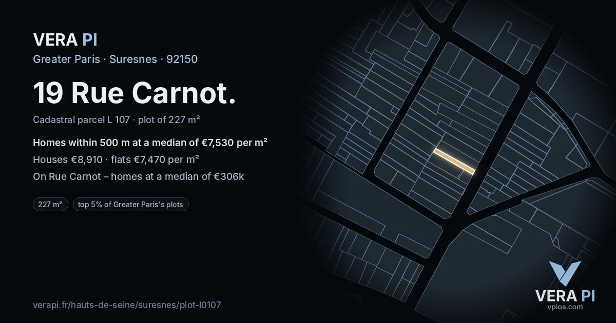 19 Rue Carnot, Suresnes at night – the plot lit, the parcels around coloured by the prices near them