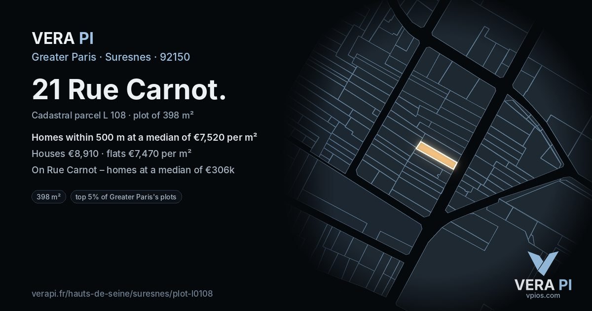 21 Rue Carnot, Suresnes at night – the plot lit, the parcels around coloured by the prices near them