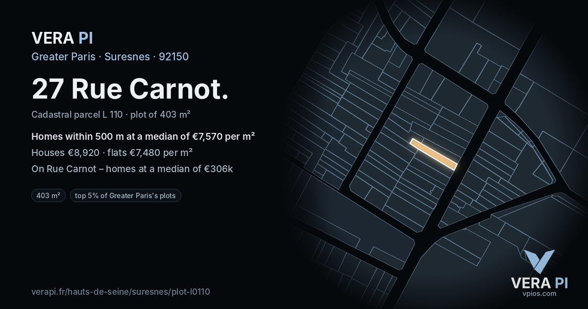27 Rue Carnot, Suresnes at night – the plot lit, the parcels around coloured by the prices near them