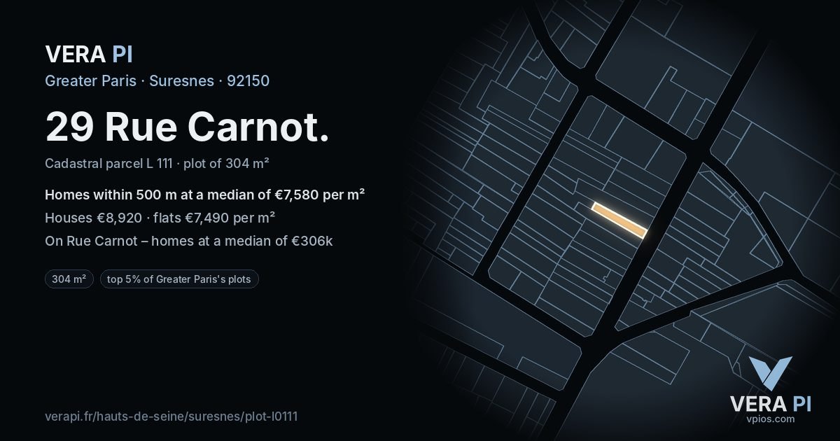 29 Rue Carnot, Suresnes at night – the plot lit, the parcels around coloured by the prices near them