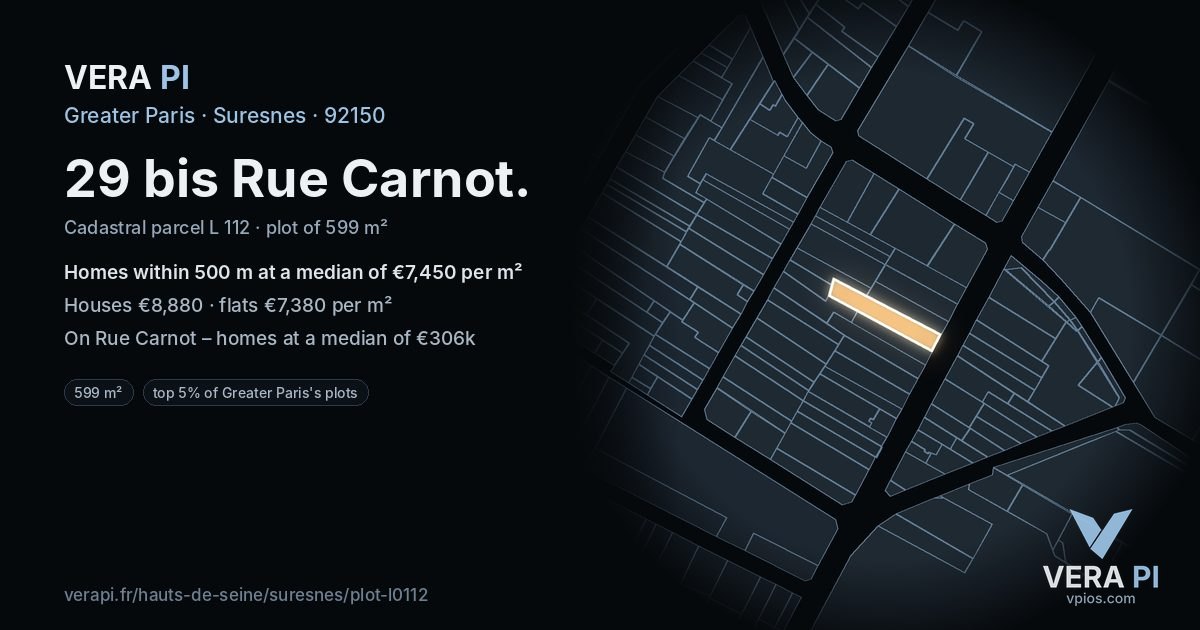 29 bis Rue Carnot, Suresnes at night – the plot lit, the parcels around coloured by the prices near them