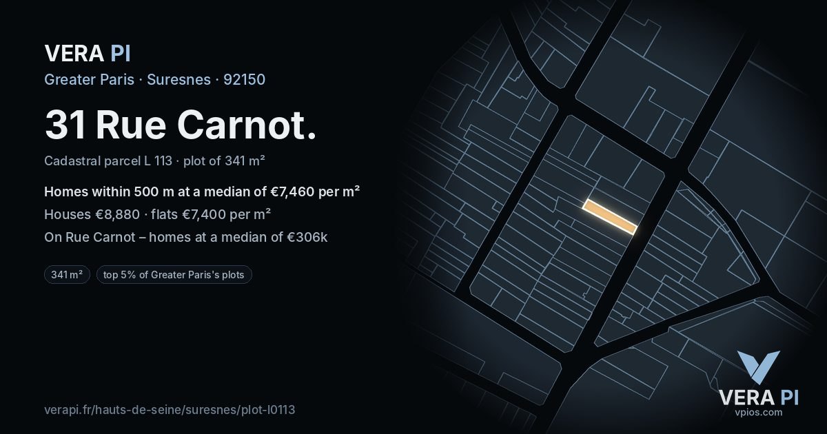 31 Rue Carnot, Suresnes at night – the plot lit, the parcels around coloured by the prices near them