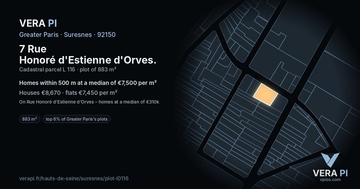 7 Rue Honoré d'Estienne d'Orves, Suresnes at night – the plot lit, the parcels around coloured by the prices near them