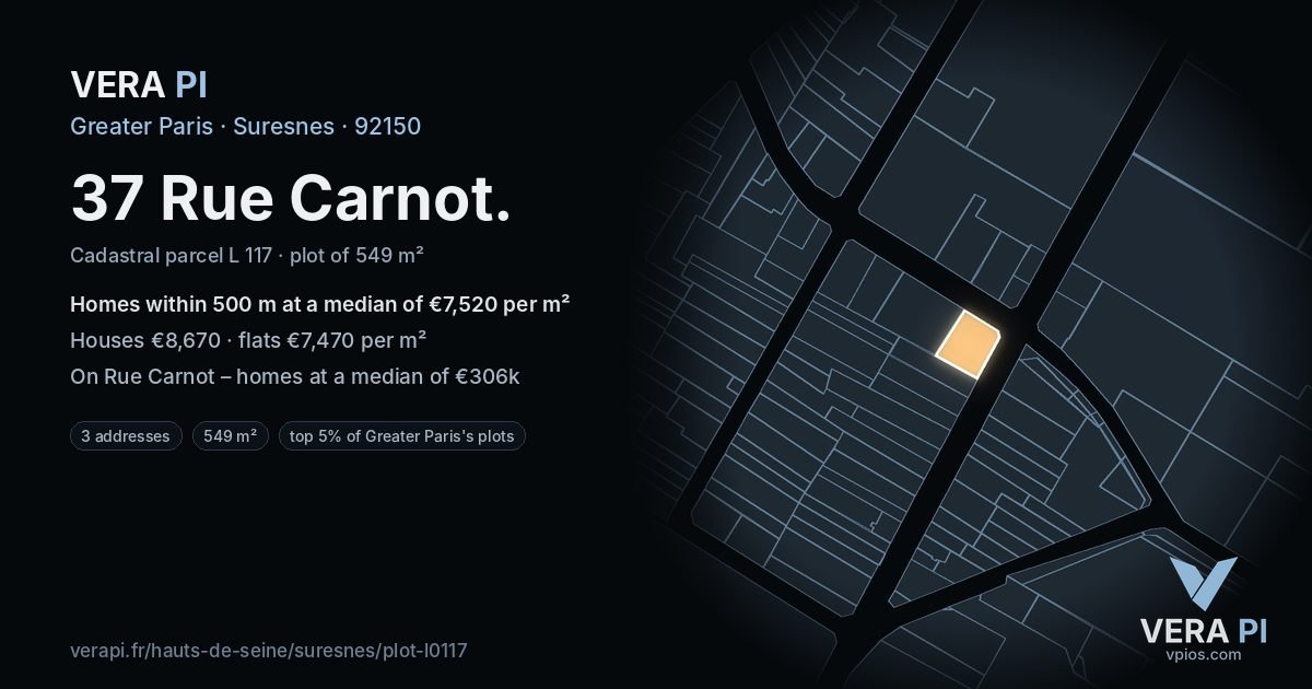 37 Rue Carnot, Suresnes at night – the plot lit, the parcels around coloured by the prices near them