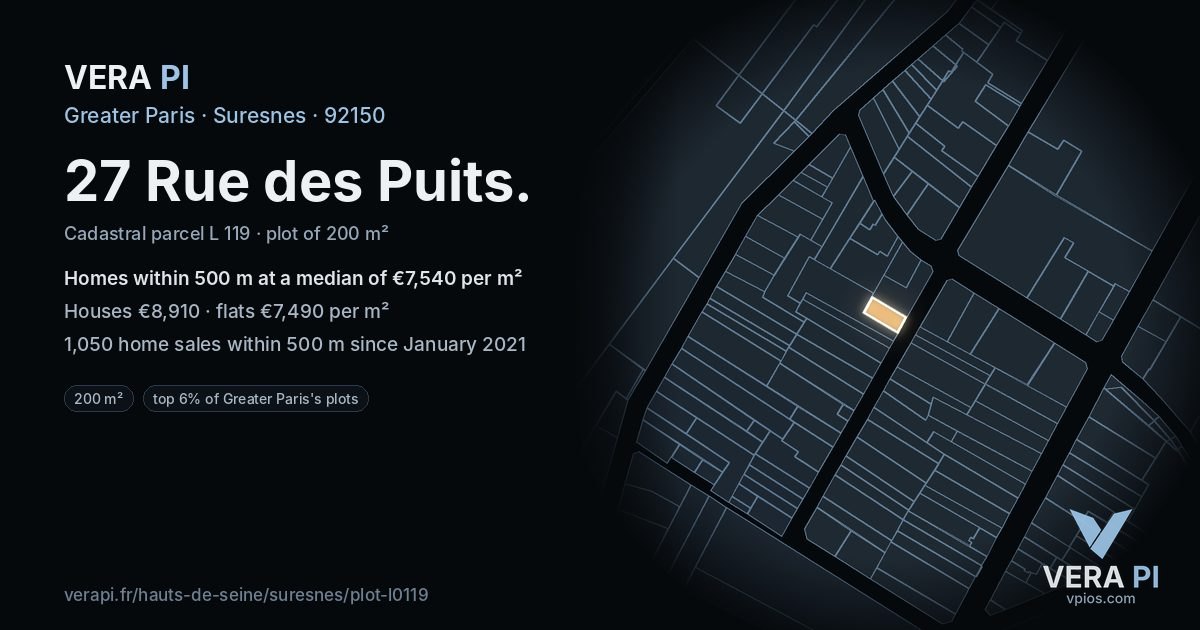 27 Rue des Puits, Suresnes at night – the plot lit, the parcels around coloured by the prices near them
