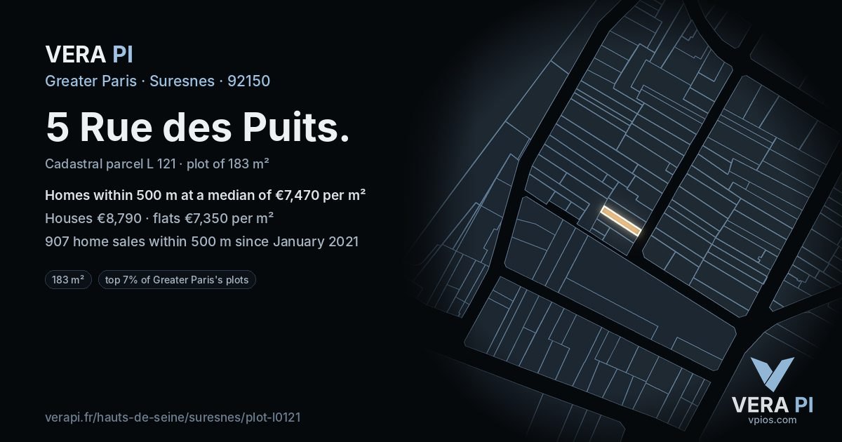 5 Rue des Puits, Suresnes at night – the plot lit, the parcels around coloured by the prices near them